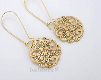 Gold dangle earrings, Filigree disc drop spray pattern charm, long earrings, jewelry for her, by balance9