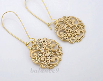 Gold dangle earrings, Filigree disc drop spray pattern charm, long earrings, jewelry for her,  by balance9