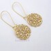 Gold dangle earrings, Gift jewelry, filigree disc drop spray pattern charm, long earrings, by balance9 