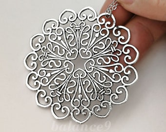 Silver Flower Necklace, Filigree large mandala flower pendant necklace, Jewelry Gift, by balance9