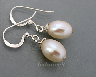 Pearl drop earrings, Sterling silver white pearl dangle earrings, bridesmaids gift, bridal wedding jewelry, by balance9