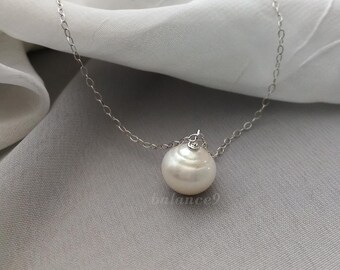 Single Pearl Necklace, Freshwater Rondelle Baroque Pearl Pendant, Jewelry gift