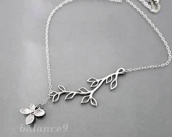 Flower Necklace, Leaf branch lariat necklace, Silver / Gold, Jewelry gift for her, by balance9