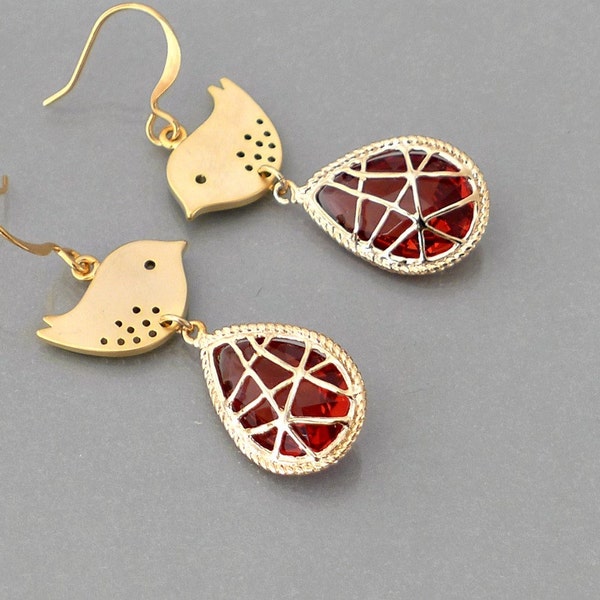 Ruby Earrings, delicate bird charm dangle, Gold framed glass crystal drop, holidays gift jewelry, red, by balance9