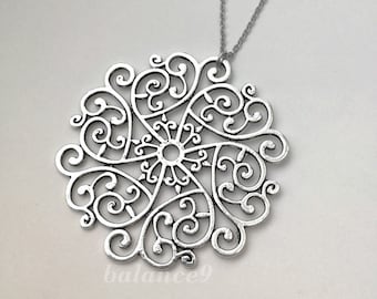 Filigree Flower Necklace, Large silver flower pendant long necklace, Jewelry gift for her