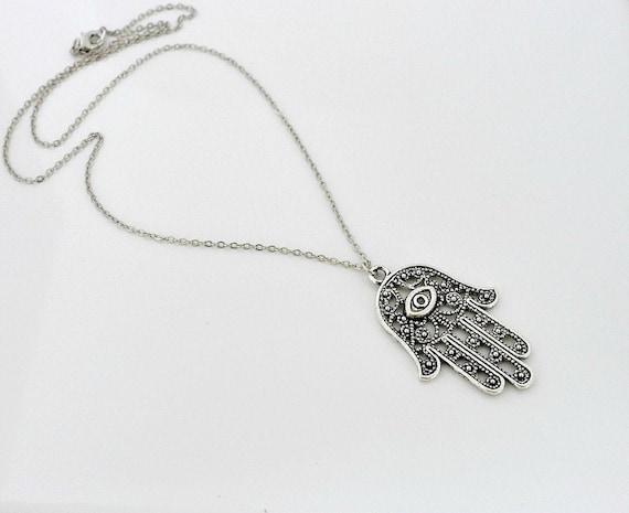 Hamsa Necklace, Silver Hand of Fatima Pendant Necklace, Protect