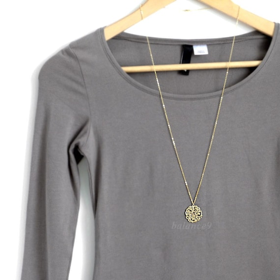 Long filigree necklace, disc pendant, gold / silver, spray pattern, everyday jewelry, holidays gift