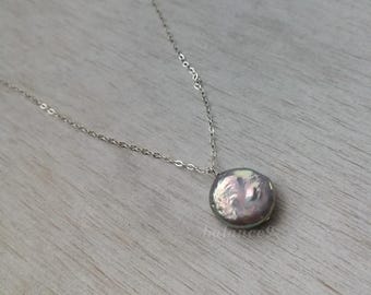 Coin Pearl Necklace, Silver gray freshwater pearl pendant, jewelry gift
