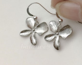 Dainty Orchid Earrings, Silver / Gold orchid flower dangle earrings, Jewelry gift for her