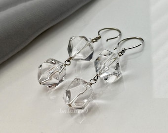 Rock Crystal Earrings, Natural ice clear crystal quartz nugget dangle sterling silver earrings, Jewelry gift for her