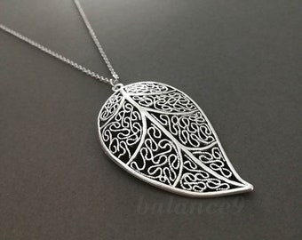 Boho Leaf Necklace, Silver long filigree leaf charm pendant necklace, Jewelry gift for her