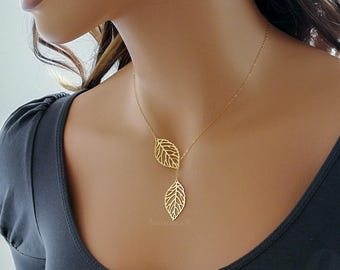 Double Leaf Necklace, Gold or Silver filigree leaf lariat necklace, Jewelry for her