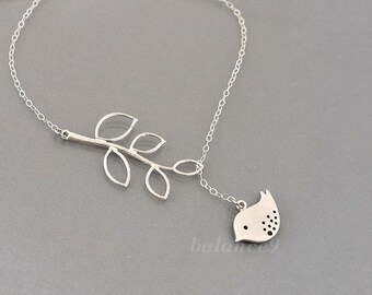 Silver Bird Necklace, Bird necklace, Dainty branch bird lariat necklace, Jewelry gift for her