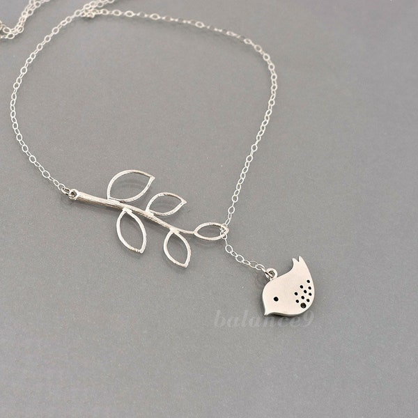 Silver Bird Necklace, Bird necklace, Dainty branch bird lariat necklace, Jewelry gift for her