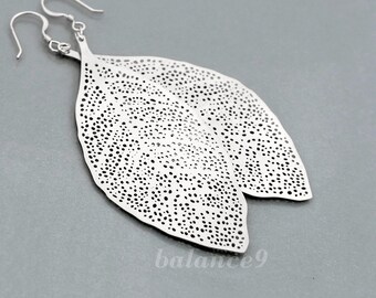 Long Leaf Earrings, Silver filigree large lightweight leaf earrings, holidays gift, everyday jewelry