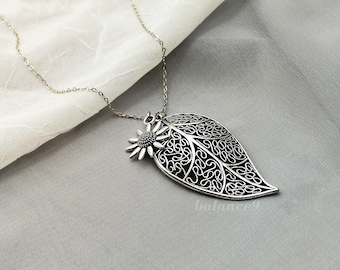 Boho Leaf Necklace, Silver long filigree leaf charm pendant, Jewelry gift