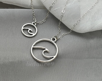 Collar de olas del océano, colgante redondo grande o pequeño de plata, regalo de joyería
