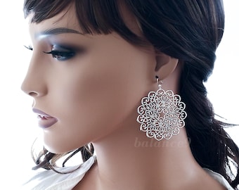 Mandala Flower Earrings, Large filigree flower dangles, Jewelry gift