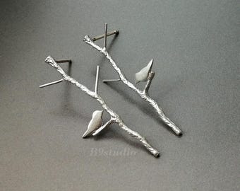 Bird Earrings, Bird on twig post earrings in Silver or Gold, love bird on branch jewelry, gift for her