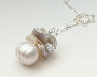 Pearl Necklace, Keishi pearl & Baroque pearl pendant necklace, Jewelry gift, by balance9