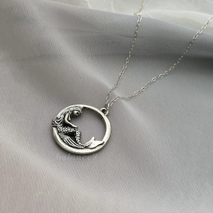 Mermaid Necklace, Silver round double-sided mermaid pendant necklace, jewelry gift for her