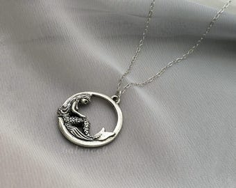 Mermaid Necklace, Silver round double-sided pendant, jewelry gift