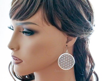 Flower Of Life Earrings,  Silver large hoop dangle earrings, Jewelry gift