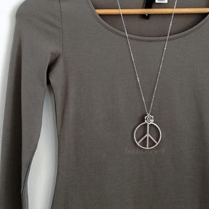 Peace Sign Necklace, Large peace sign and rose flower pendant long necklace, jewelry gift for her