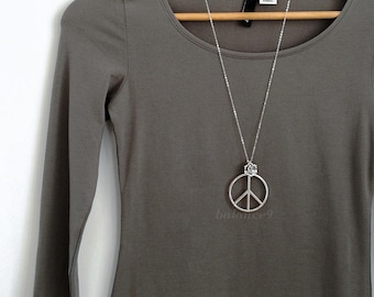 Peace Sign Necklace, Large peace sign and rose flower pendant long necklace, jewelry gift for her