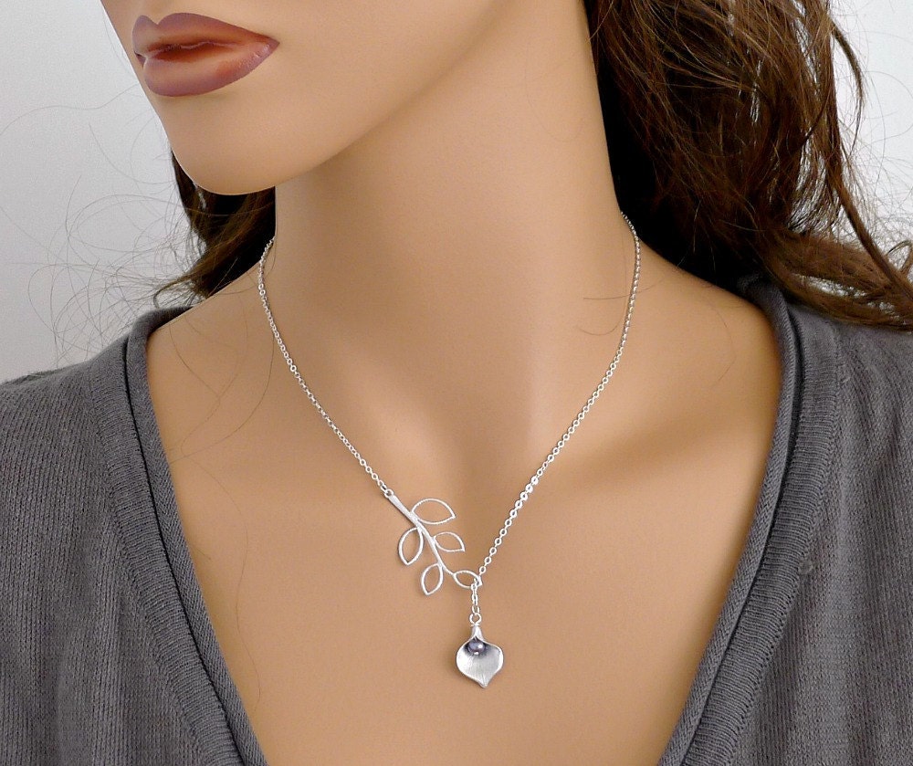 Calla lily necklace flower necklace branch lariat dainty