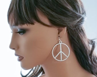 Peace Sign Earrings, Large peace sign hoop dangles, Sterling silver earwire, Jewelry gift