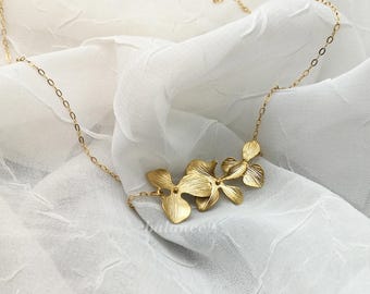 Orchid Flower Necklace, Gold or Silver dainty trio orchids, Jewelry gift