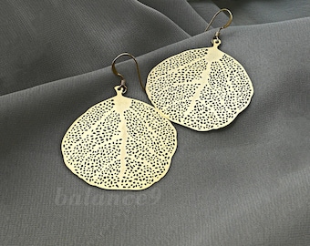 Large Leaf Earrings, Light weight filigree dangles in gold or silver, Jewelry gift