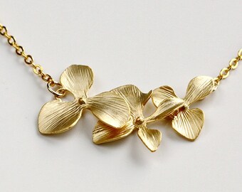 Gold Orchid Necklace, dainty flower necklace, Trio flowers, holidays gift, bridesmaid wedding jewelry, by balance9