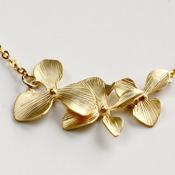 Gold Orchid Necklace, dainty flower necklace, Trio flowers, holidays gift, bridesmaid wedding jewelry, by balance9