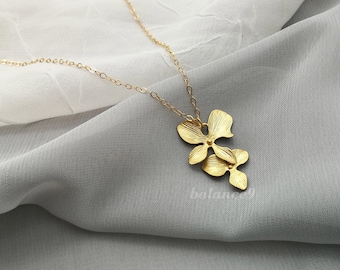Flower Necklace, Orchid dainty two flowers pendant, Jewelry gift