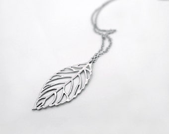 Leaf Necklace, Silver leaf necklace, Filigree long leaf charm pendant, jewelry gift for her, by balance9