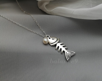 Collar de espina de pescado, colgante de esqueleto de pez de plata con o sin perla, regalo de joyería