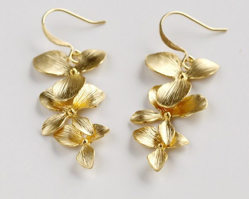Gold Orchid Earrings Flower Earrings Dainty Orchid Earring Etsy