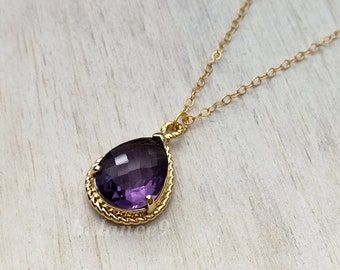 Purple Crystal Necklace, Teardrop pendant 14k gold filled necklace, Jewelry gift, February Birthstone, gift for her