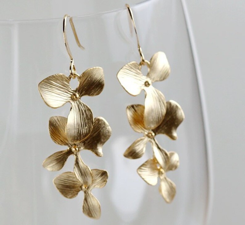 Gold Orchid Earrings Flower Earrings Dainty Orchid Earring Etsy
