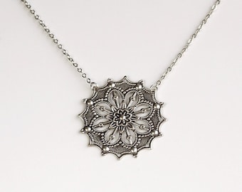 Flower Filigree Necklace, Antique silver detailed flower star charm pendant, everyday jewelry
