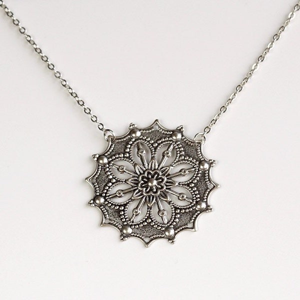 Flower Filigree Necklace, Antique silver detailed flower star charm pendant, everyday jewelry, by balance9