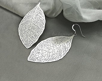 Leaf Earrings, Silver large lightweight long leaf dangles, Holidays gift, Everyday jewelry