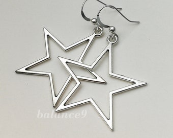 Silver Star Earrings, Big star hoop dangles, modern minimal everyday jewelry, Gift for her