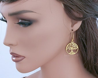 Gold Tree Earrings, Tree of life kidney earrings, Jewelry gift for her