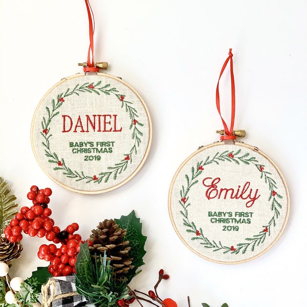 Baby's First Christmas Embroidered Embroidered / Embroidery Hoop Christmas Ornament / Personalized Christmas ornament / First Married Xmas