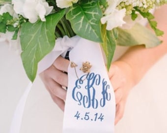 custom monogrammed bouquet ribbon WITH WEDDING DATE (3" wide grosgrain), bridal bouquet, bridesmaid bouquet, bridal shower decor