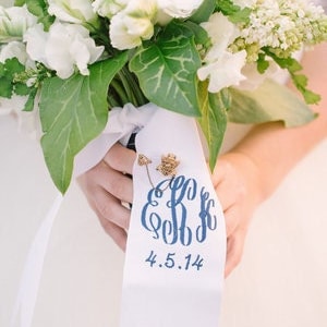 custom monogrammed bouquet ribbon WITH WEDDING DATE 3 wide grosgrain, bridal bouquet, bridesmaid bouquet, bridal shower decor image 1