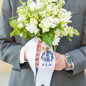 custom monogrammed bouquet ribbon WITH WEDDING DATE 3 wide grosgrain, bridal bouquet, bridesmaid bouquet, bridal shower decor image 4